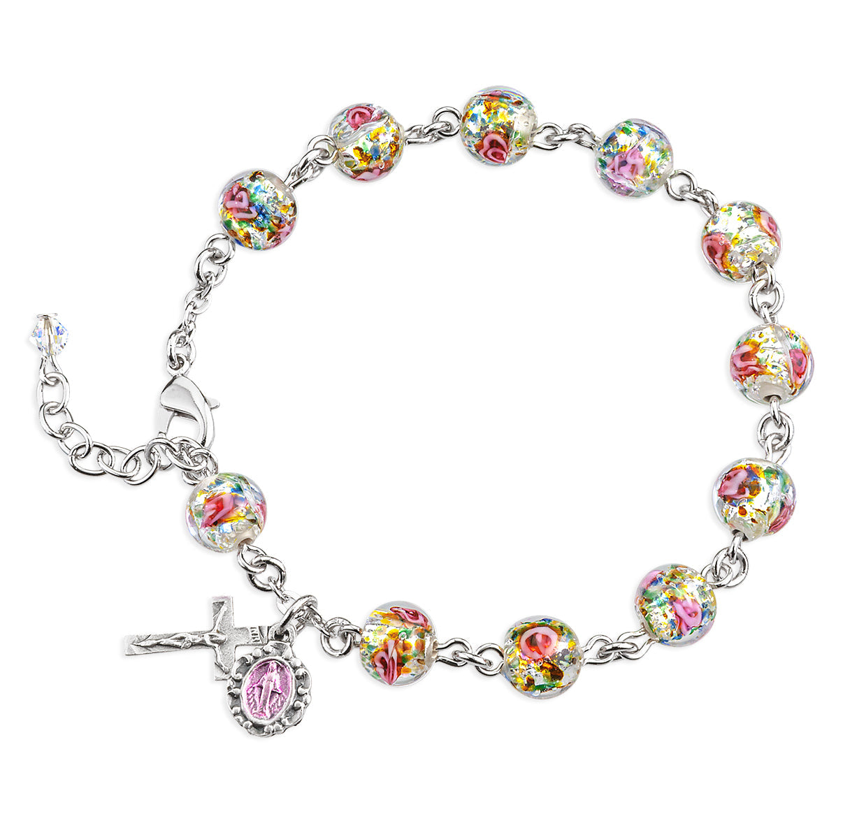 8mm Rose Embedded Murano Glass Bead Rosary Bracelet | Catholic Rosary