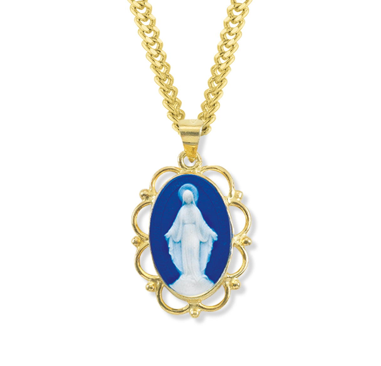 Dark Blue Gold Over Sterling Silver Cameo Miraculous Medal Necklace | 16kt Gold Plated .925 Silver