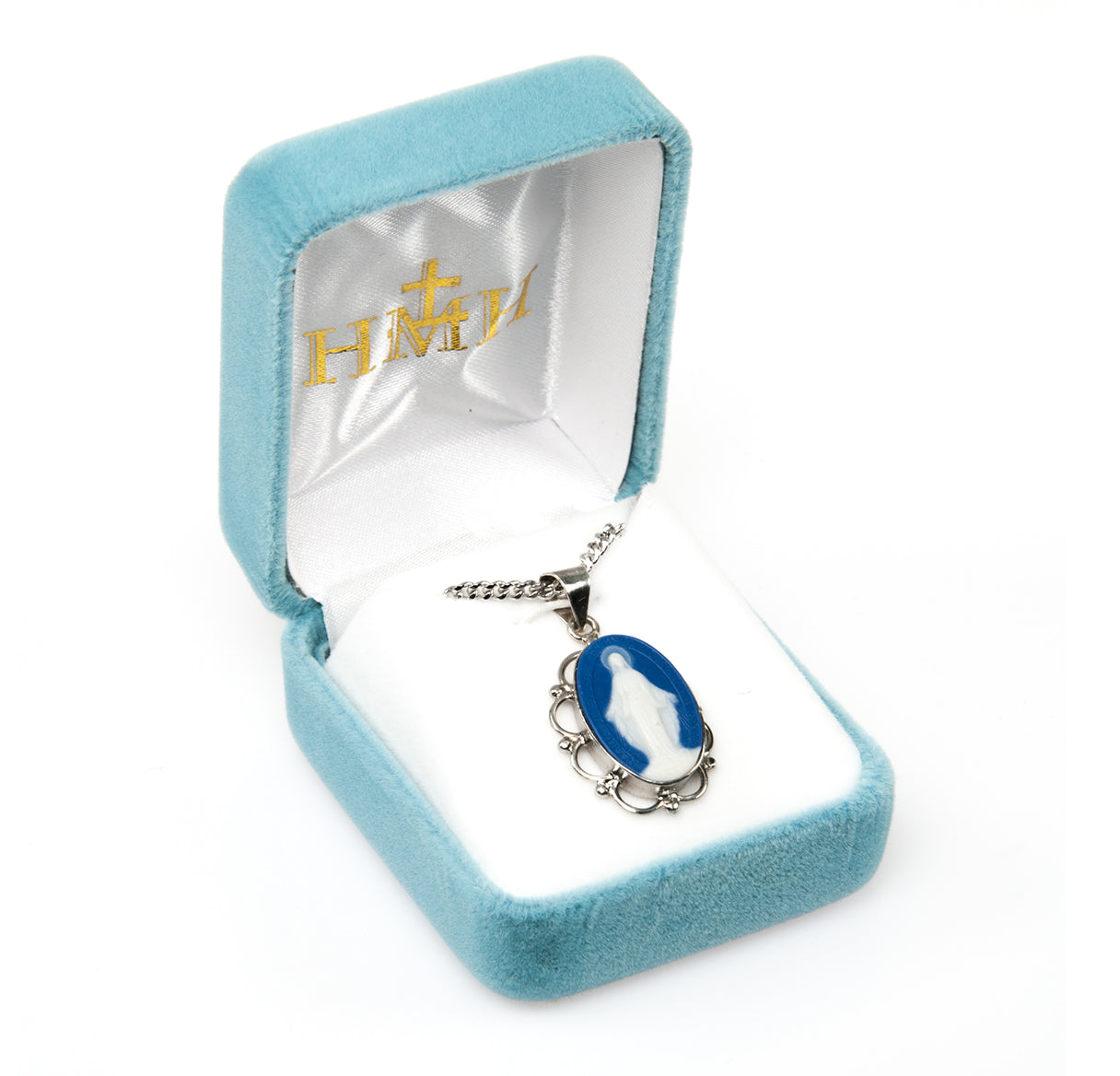 Dark Blue Sterling Silver Cameo Miraculous Medal Necklace | .925 Silver