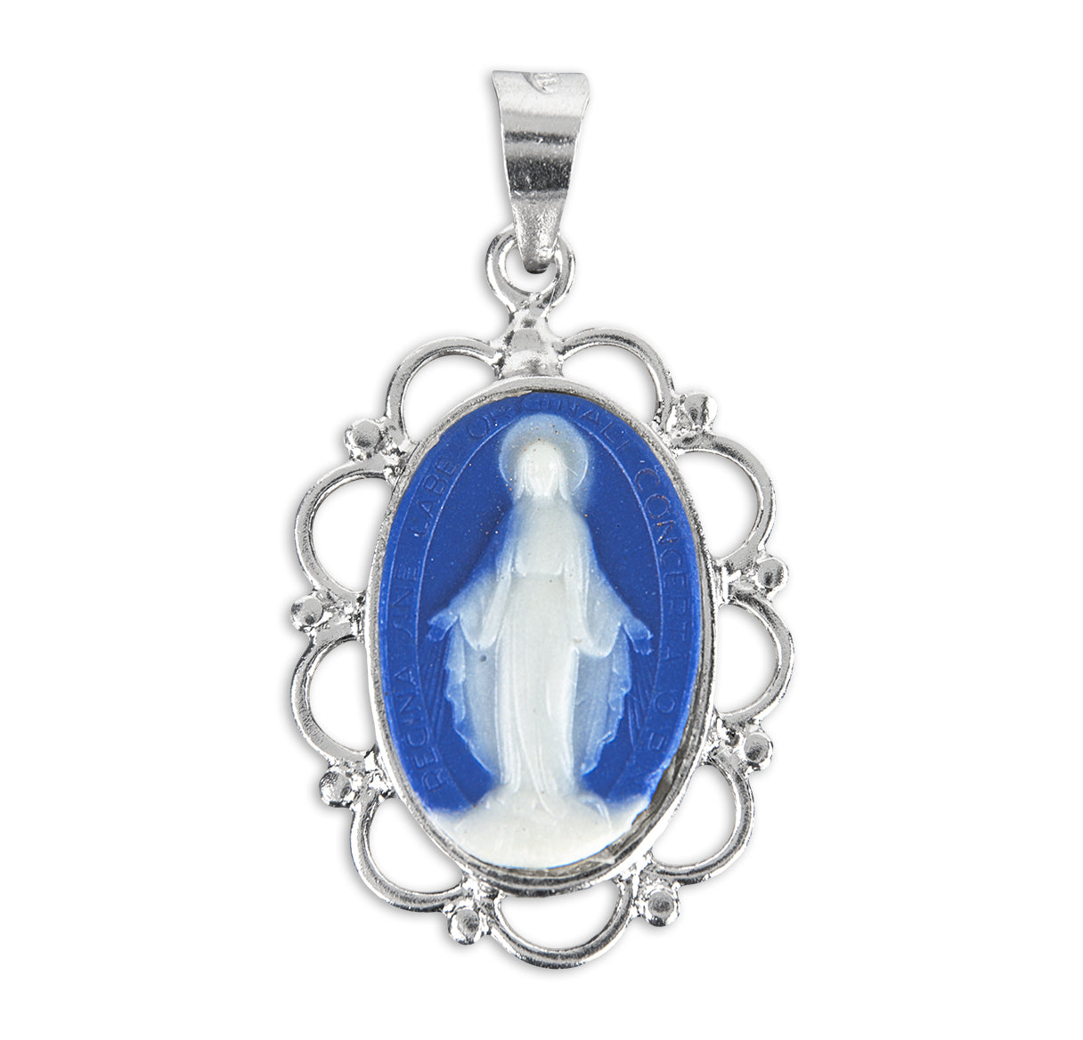 Dark Blue Sterling Silver Cameo Miraculous Medal Necklace | .925 Silver