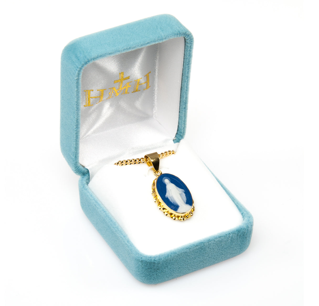 Dark Blue Gold Over Sterling Silver Cameo Miraculous Medal Necklace | 16kt Gold Plated .925 Silver