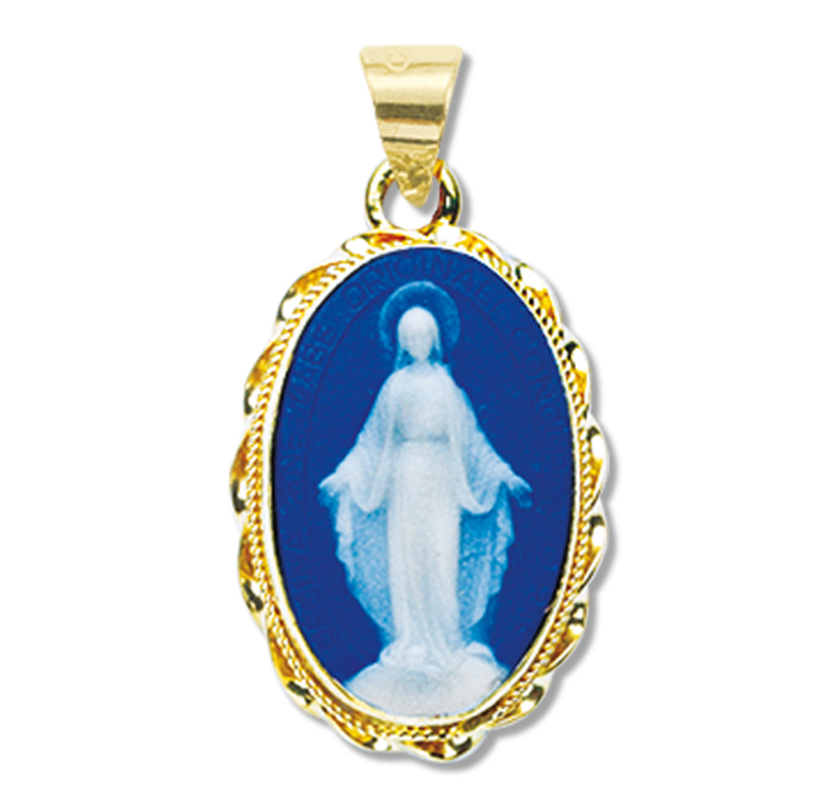 Dark Blue Gold Over Sterling Silver Cameo Miraculous Medal Necklace | 16kt Gold Plated .925 Silver
