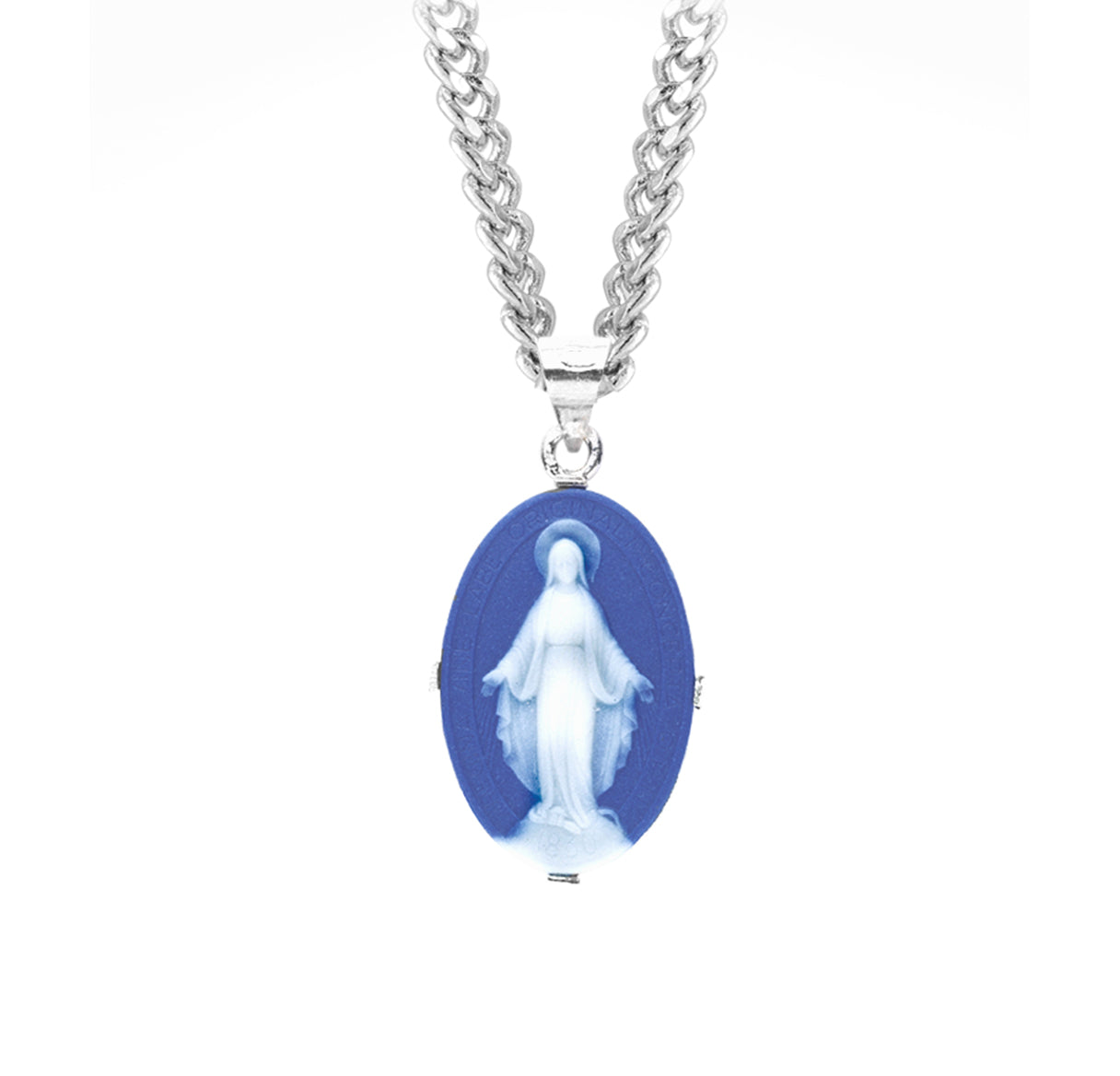Dark Blue Sterling Silver Cameo Miraculous Medal Necklace | .925 Silver