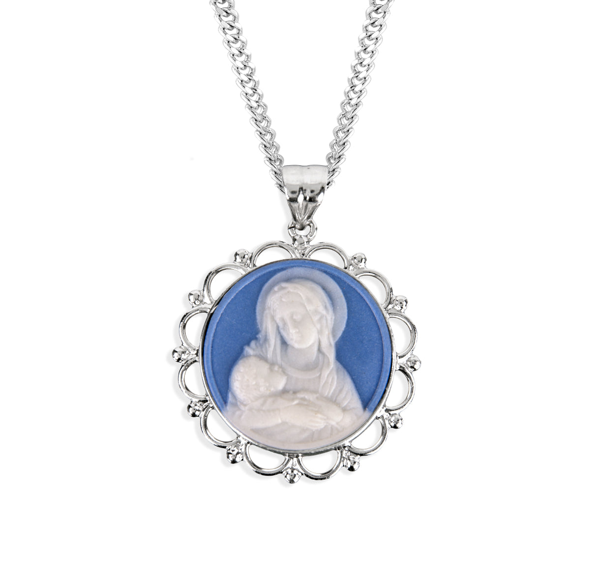Light Blue Sterling Silver Madonna and Child Cameo Miraculous Medal Necklace | .925 Silver