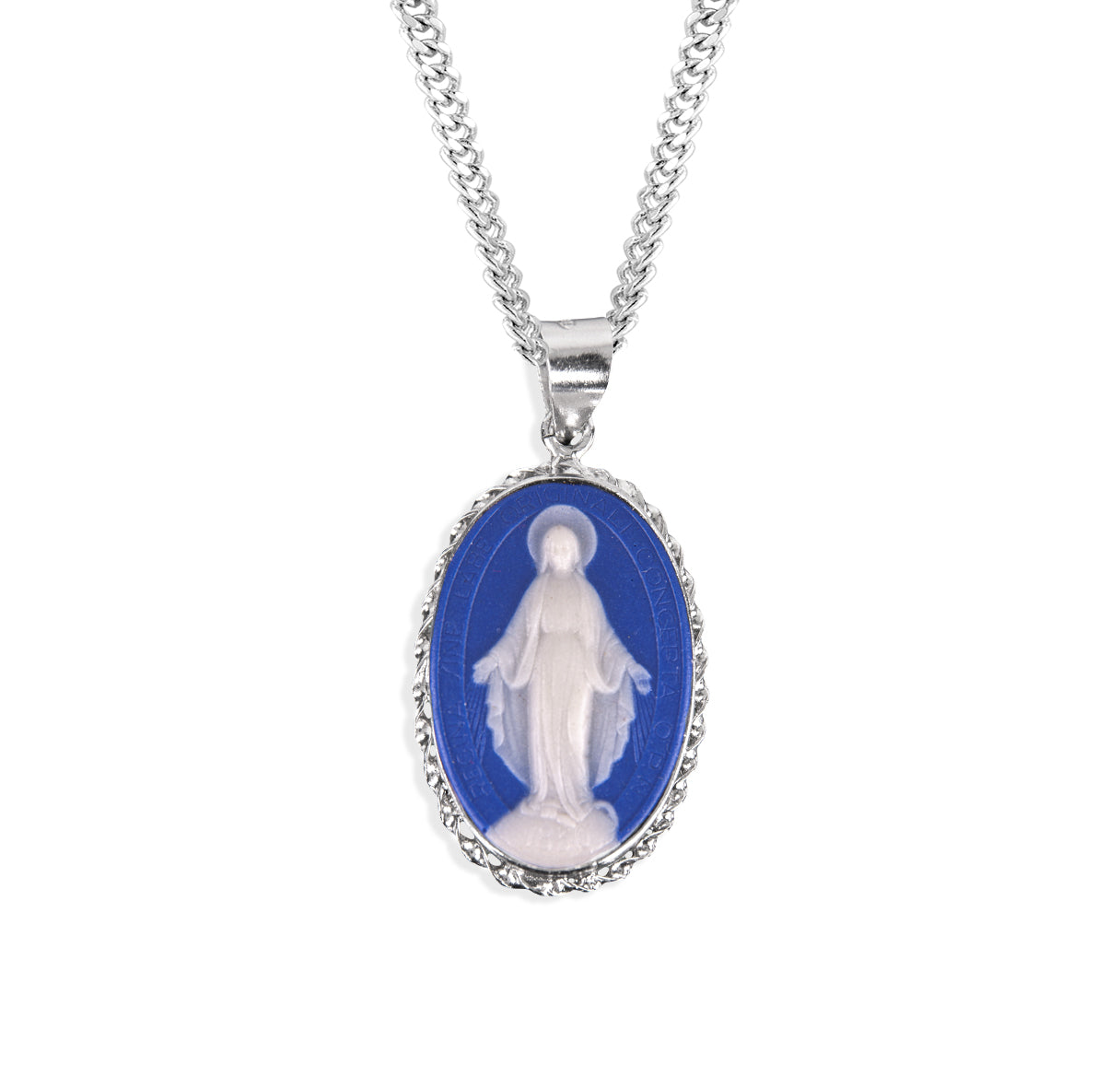 Dark Blue Sterling Silver Cameo Miraculous Medal Necklace | .925 Silver