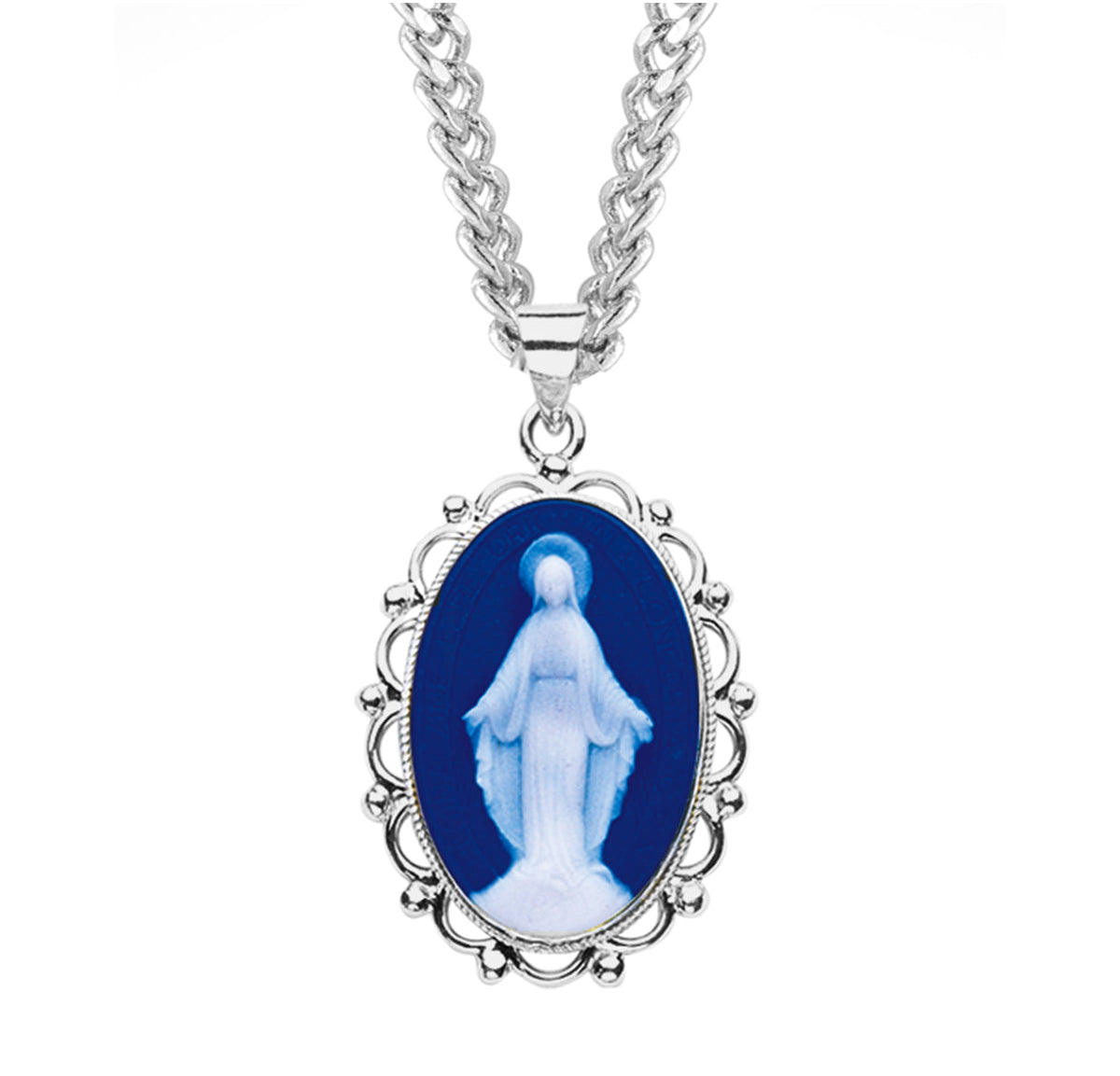 Dark Blue Sterling Silver Cameo Miraculous Medal Necklace | .925 Silve