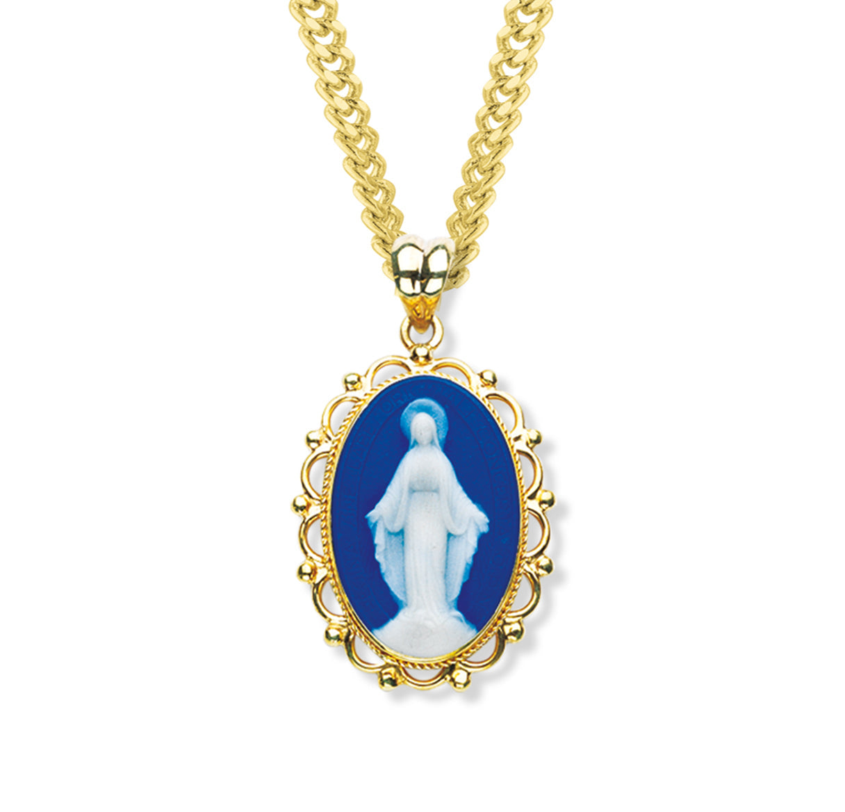 Dark Blue Gold Over Sterling Silver Cameo Miraculous Medal Necklace | 16kt Gold Plated .925 Silver
