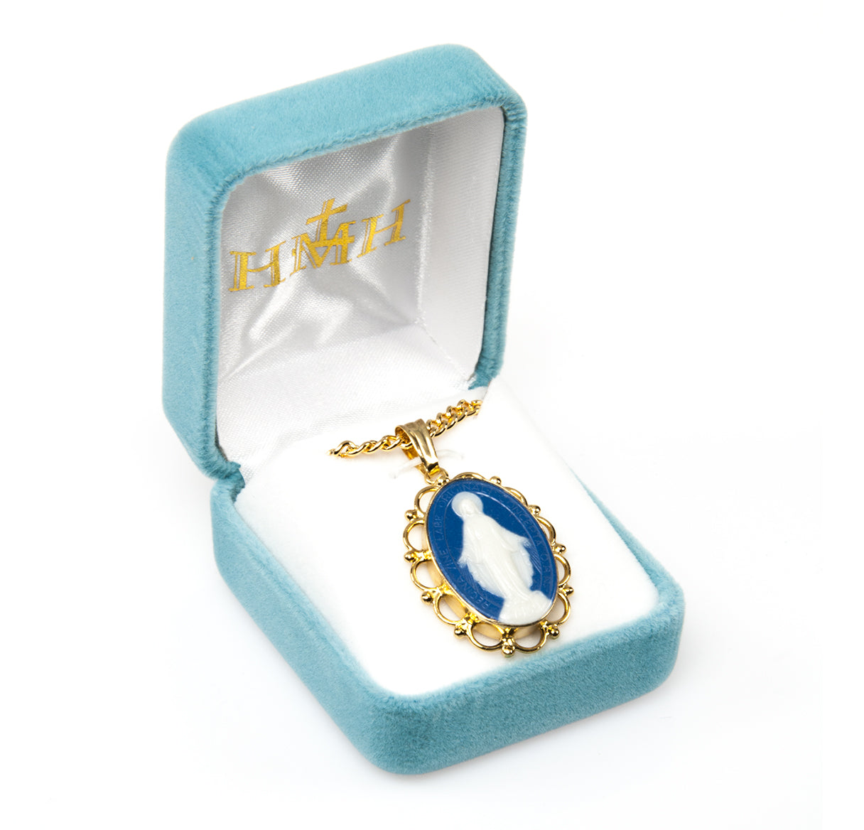 Dark Blue Gold Over Sterling Silver Cameo Miraculous Medal Necklace | 16kt Gold Plated .925 Silver