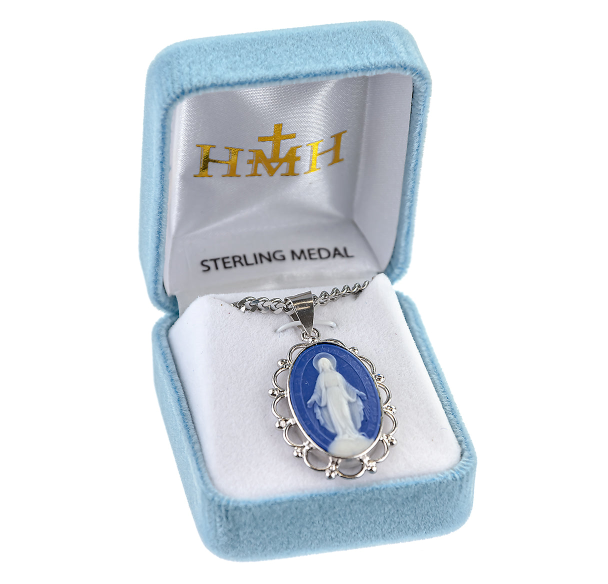 Dark Blue Sterling Silver Cameo Miraculous Medal Necklace | .925 Silver