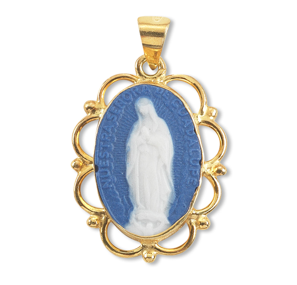Dark Blue Gold Over Sterling Silver Our Lady of Guadalupe Cameo Medal Necklace | 16kt Gold Plated .925 Silver