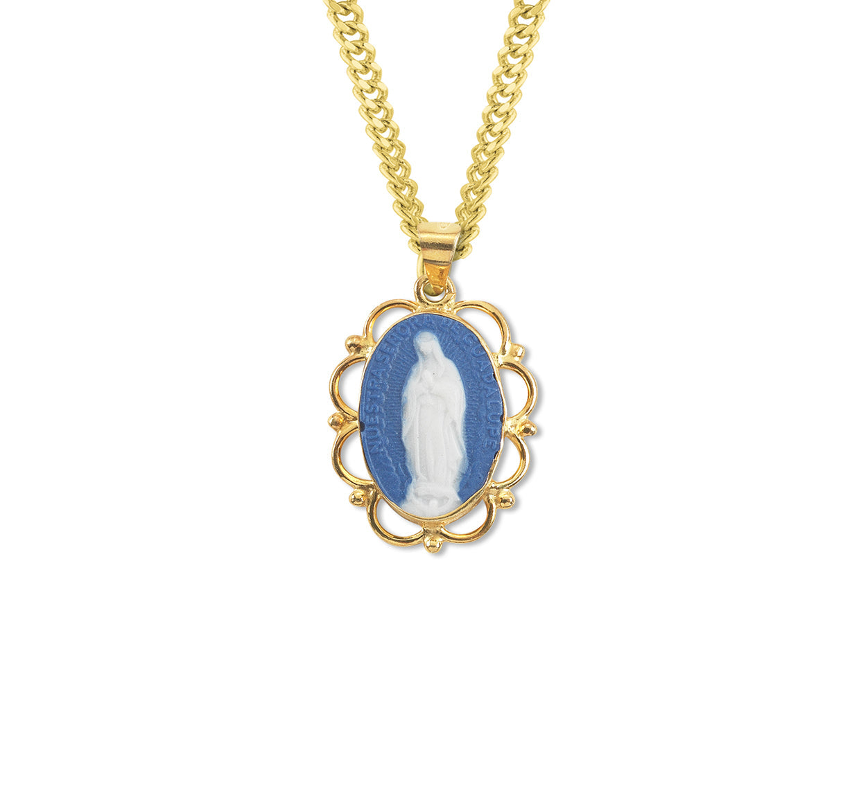 Dark Blue Gold Over Sterling Silver Our Lady of Guadalupe Cameo Medal Necklace | 16kt Gold Plated .925 Silver
