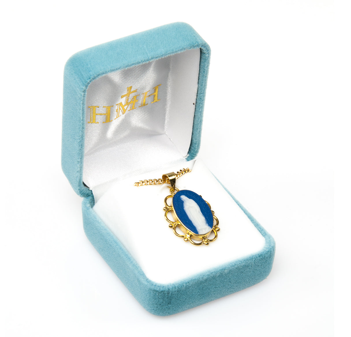 Dark Blue Gold Over Sterling Silver Our Lady of Guadalupe Cameo Medal Necklace | 16kt Gold Plated .925 Silver
