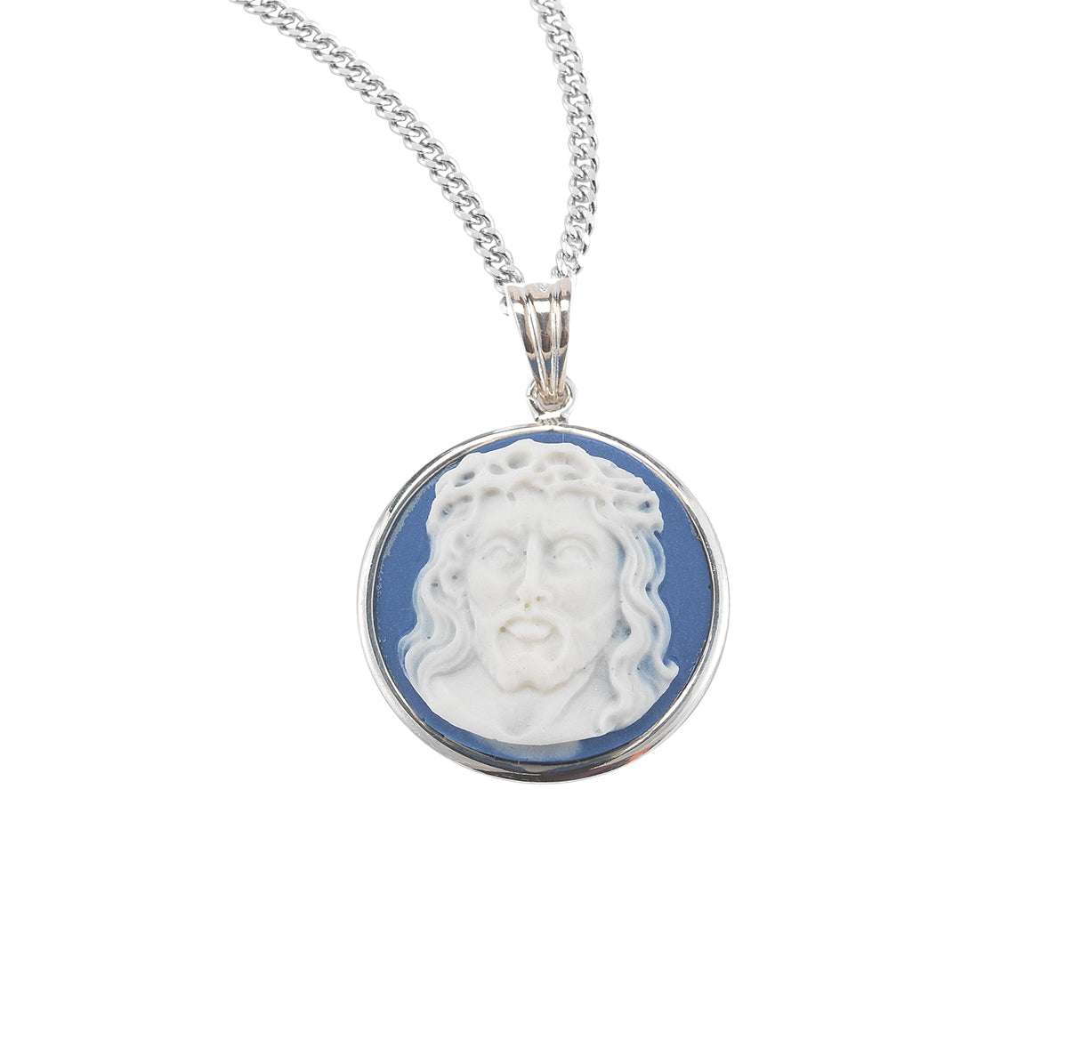 Light Blue Head of Christ Cameo Medal Necklace | Catholic Jewelry