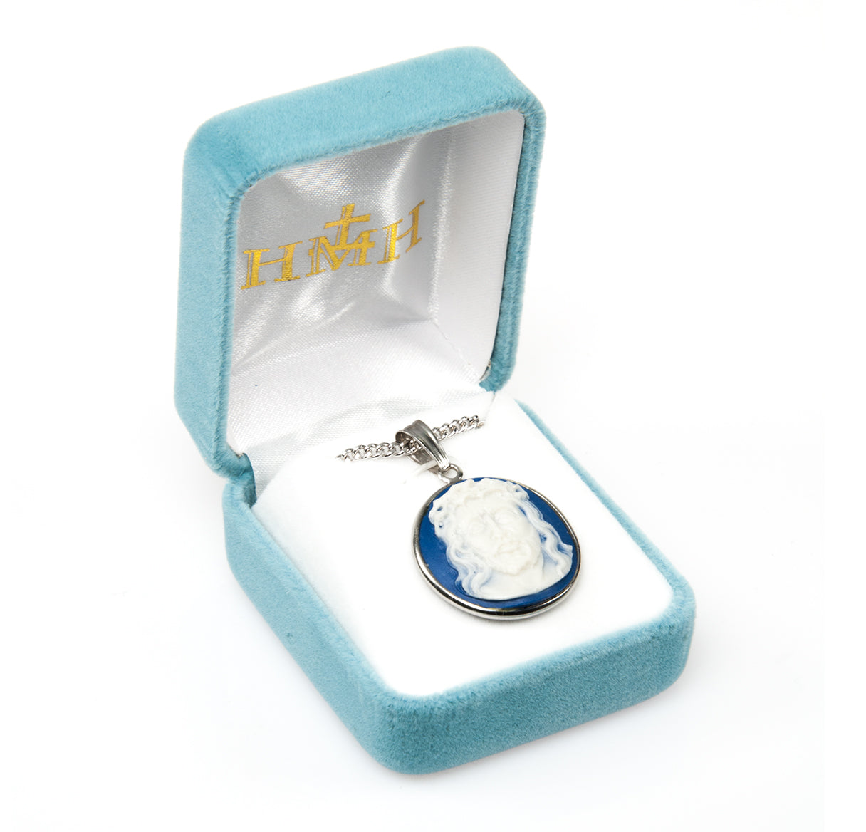 Light Blue Head of Christ Cameo Medal Necklace | Catholic Jewelry