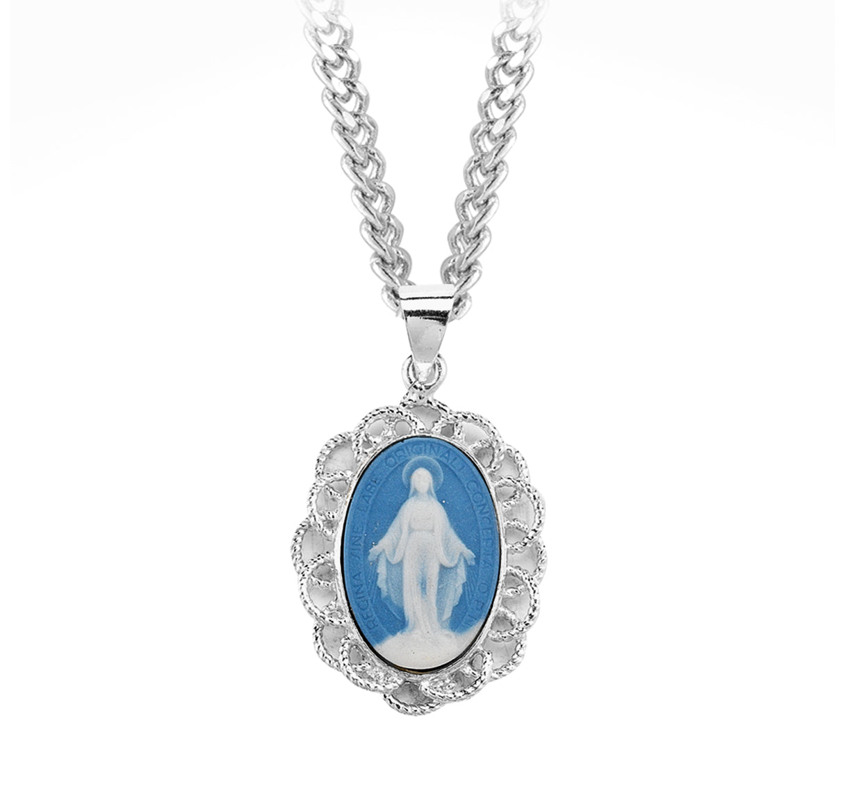 Light Blue Sterling Silver Cameo Miraculous Medal Necklace | .925 Silver