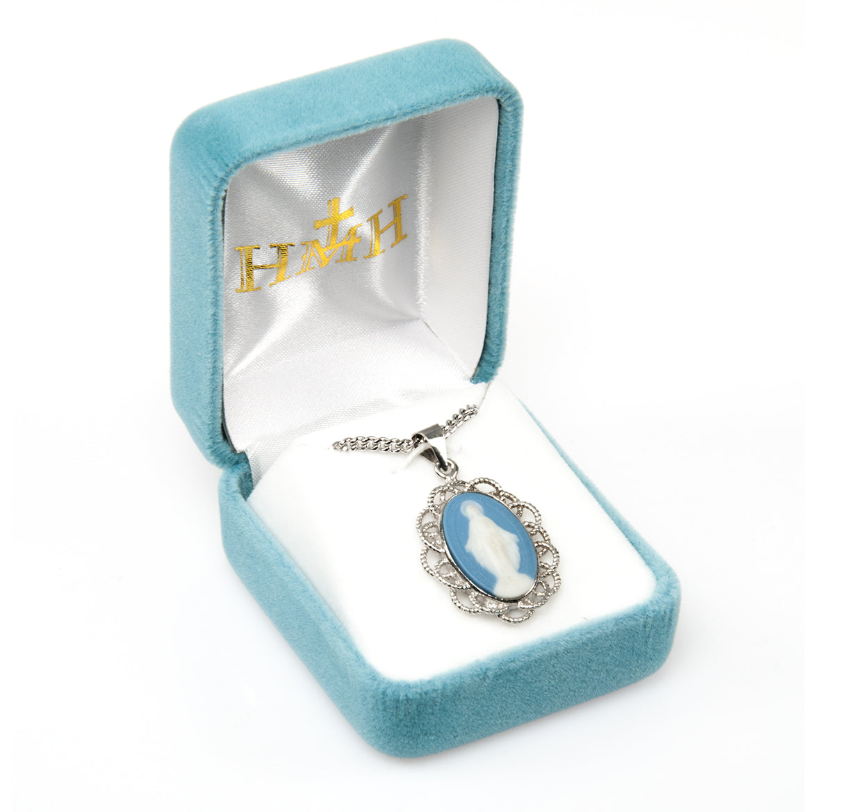 Light Blue Sterling Silver Cameo Miraculous Medal Necklace | .925 Silver