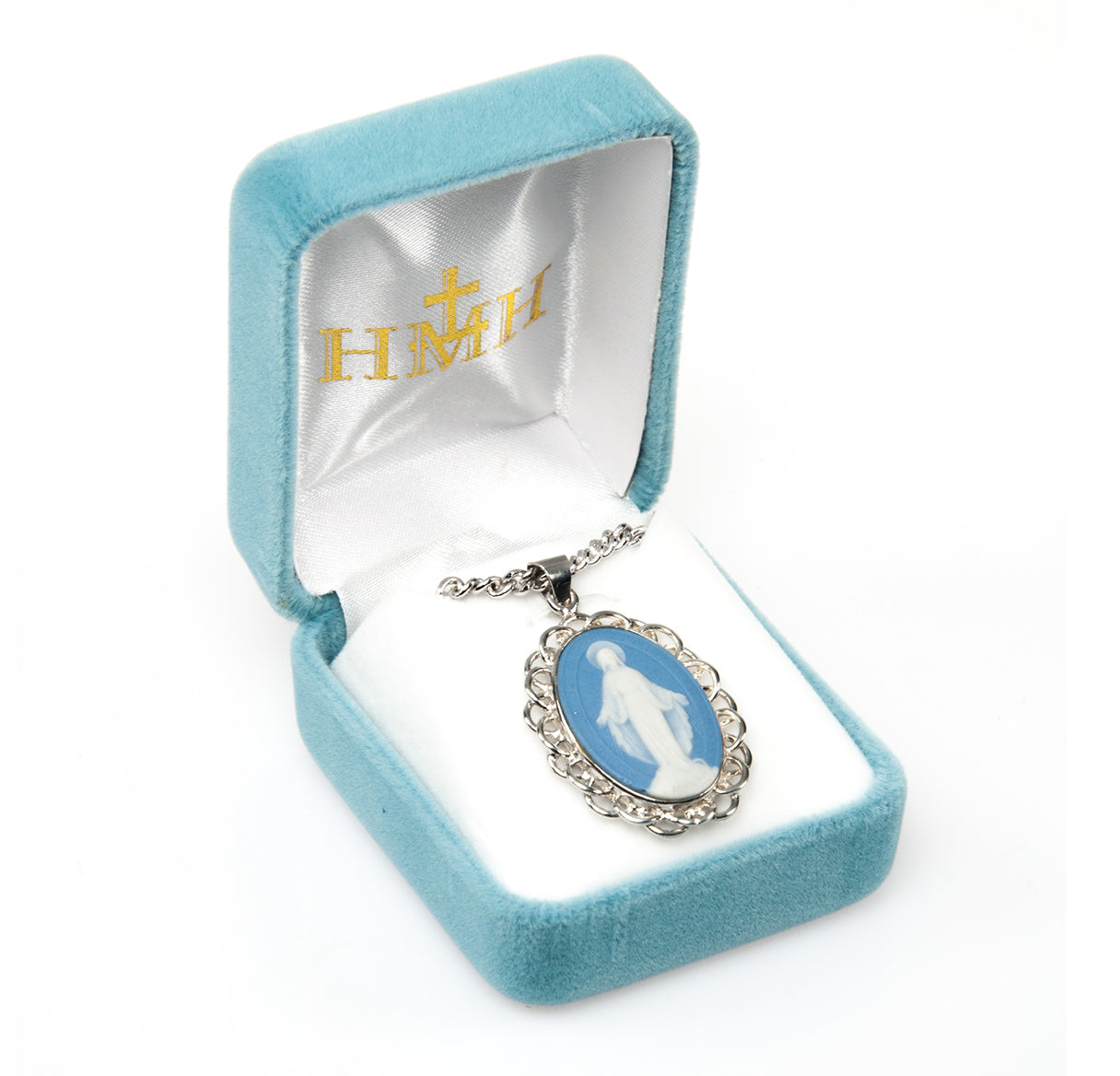 Light Blue Sterling Silver Cameo Miraculous Medal Necklace | .925 Silver