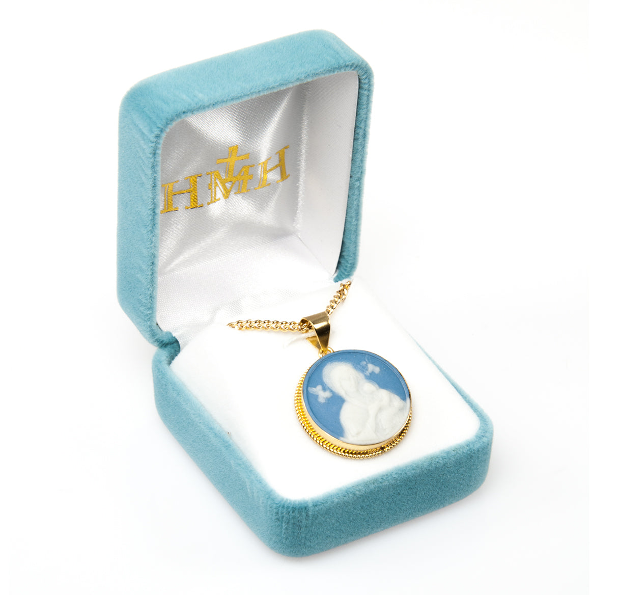 Light Blue Gold Over Sterling Silver Our Lady of Perpetual Help Cameo Medal Necklace | 16kt Gold Plated .925 Silver