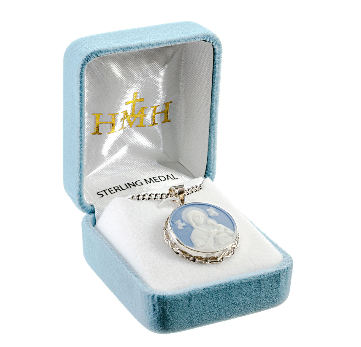 Light Blue Sterling Silver Our Lady of Perpetual Help Cameo Medal Necklace | .925 Silver