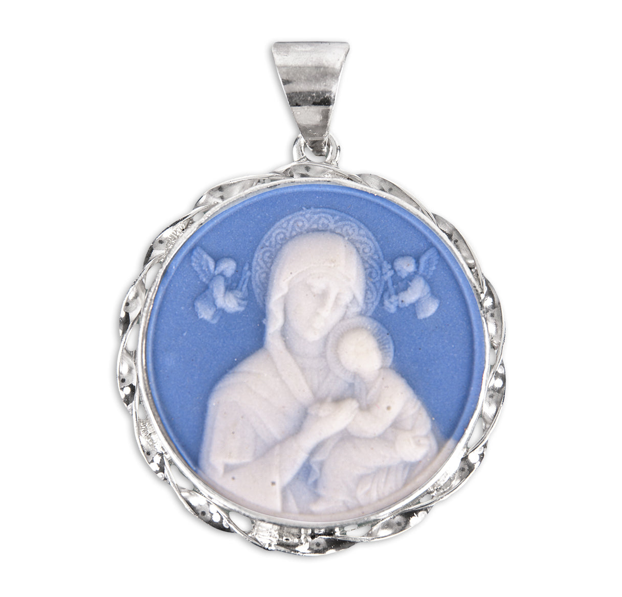 Light Blue Sterling Silver Our Lady of Perpetual Help Cameo Medal Necklace | .925 Silver
