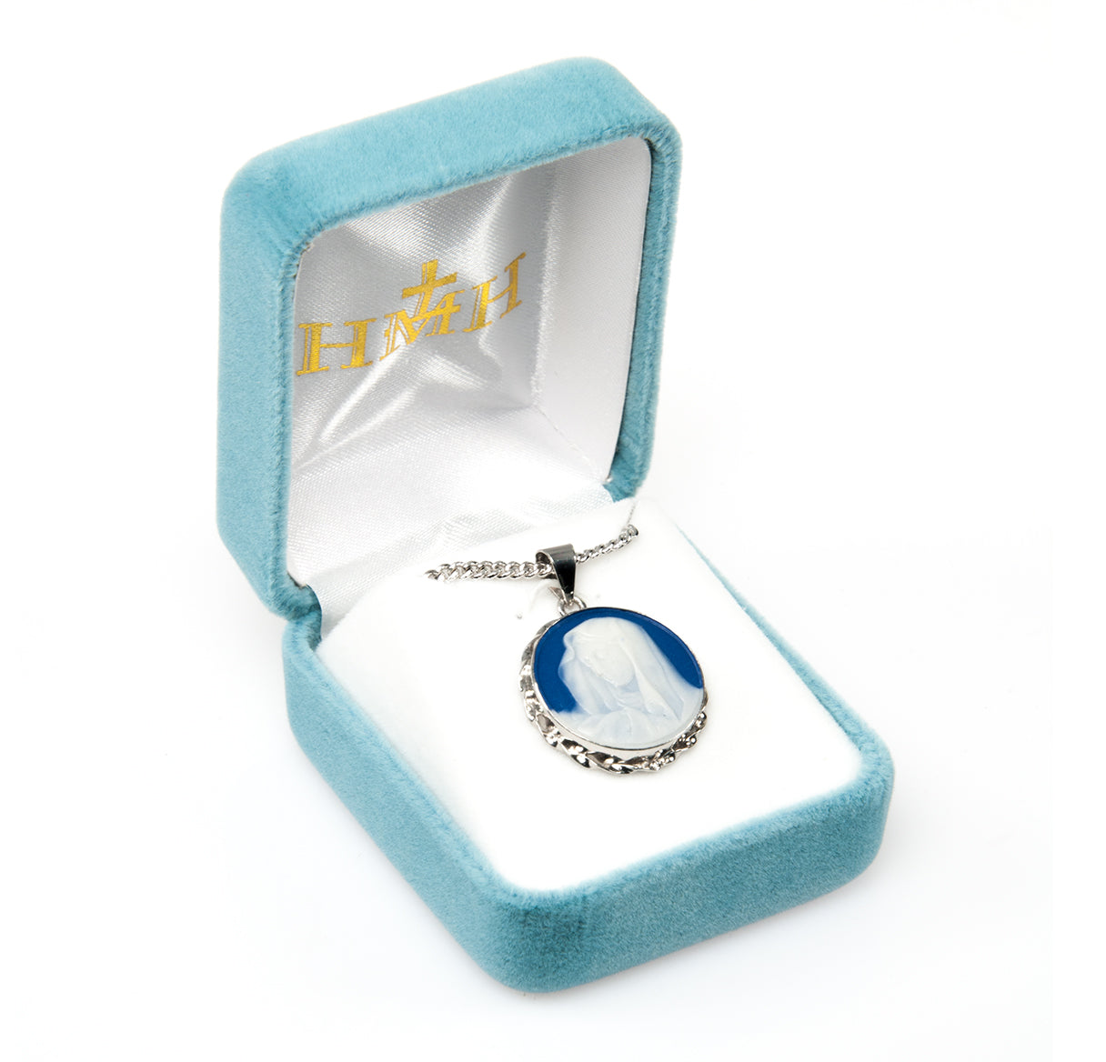 Dark Blue Sterling Silver Our Lady of Sorrows Cameo Medal Necklace | .925 Silver