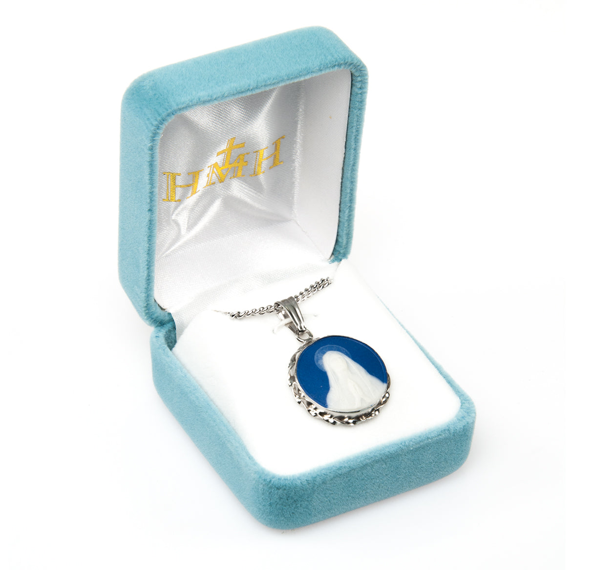 Blue Our Lady of Lourdes Cameo Medal Necklace | Catholic Jewelry