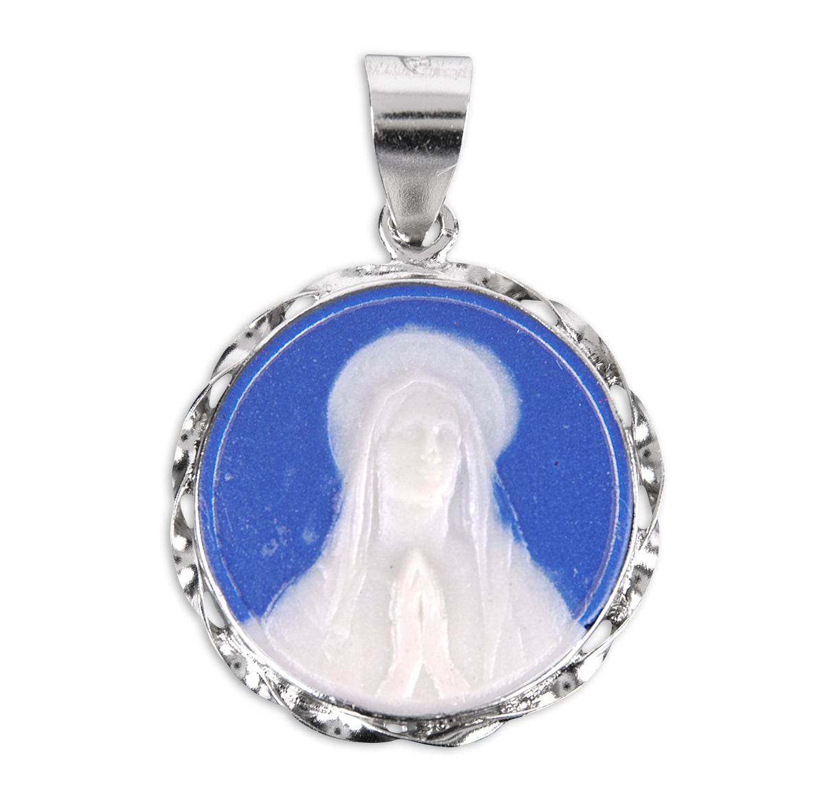 Blue Our Lady of Lourdes Cameo Medal Necklace | Catholic Jewelry