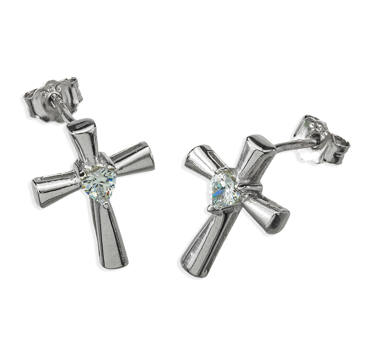 Sterling Silver Cross Earrings with Crystal Heart-Shaped CZ | .925 Silver