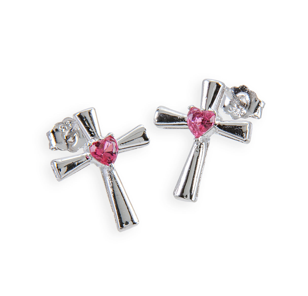 Sterling Silver Cross Earrings with Pink Heart-Shaped CZ | .925 Silver