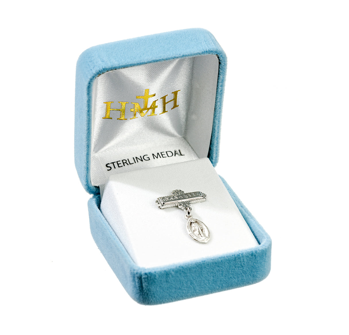 Sterling Silver Tiny Miraculous Medal on a Godchild Bar Pin Necklace | .925 Silver