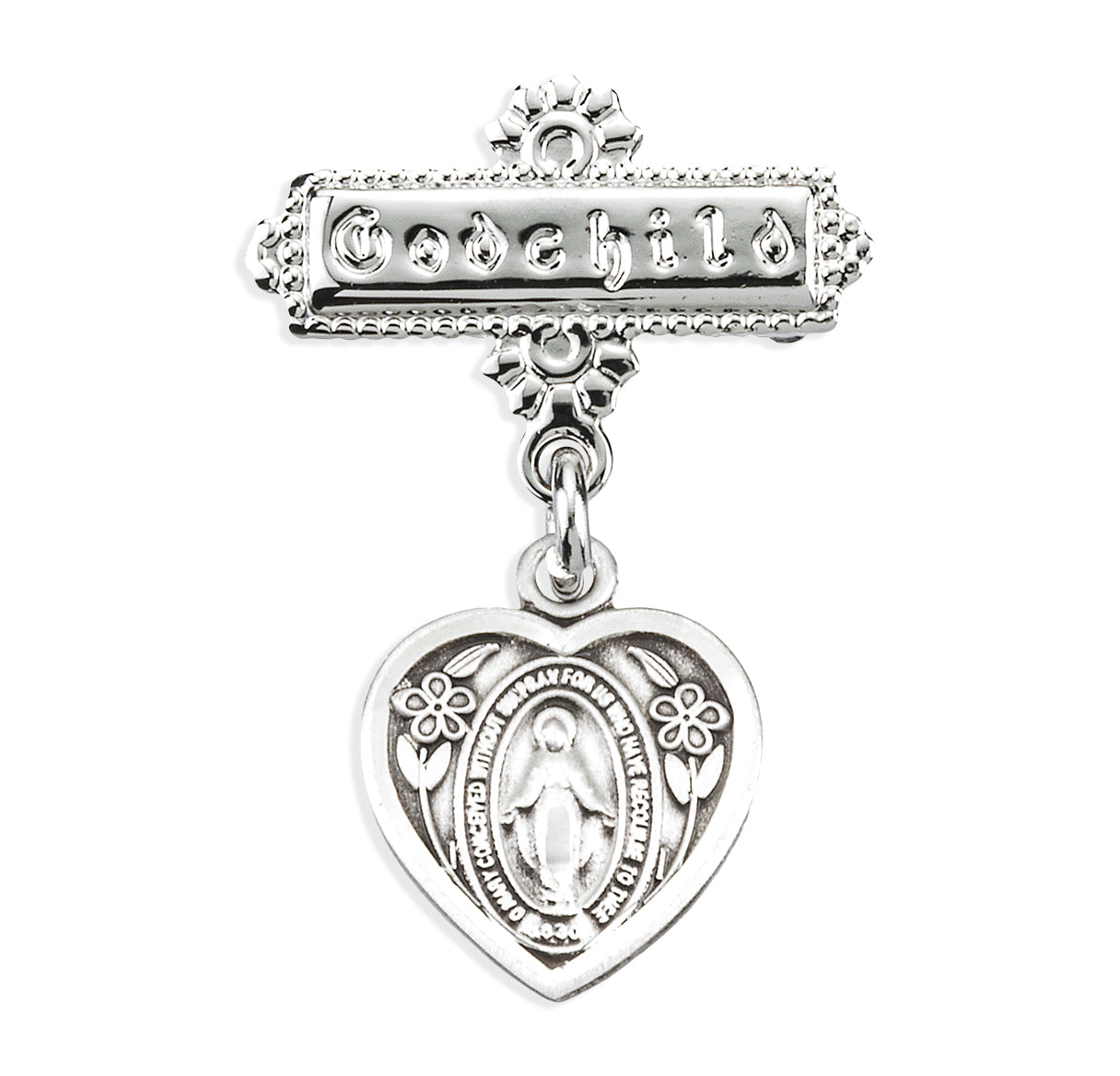 Sterling Silver Miraculous Medal on a Godchild Pin Necklace | .925 Silver