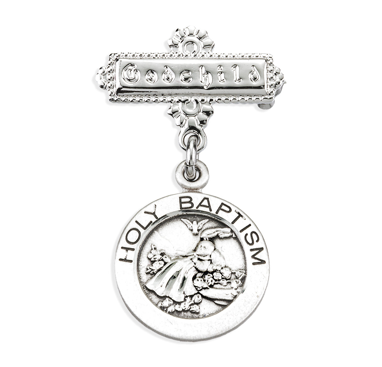 Sterling Silver Round Holy Baptism Medal on a Godchild Pin Necklace | .925 Silver