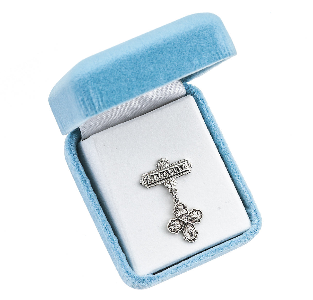 Sterling Silver Small Four Way Medal on a Godchild Pin Necklace | .925 Silver