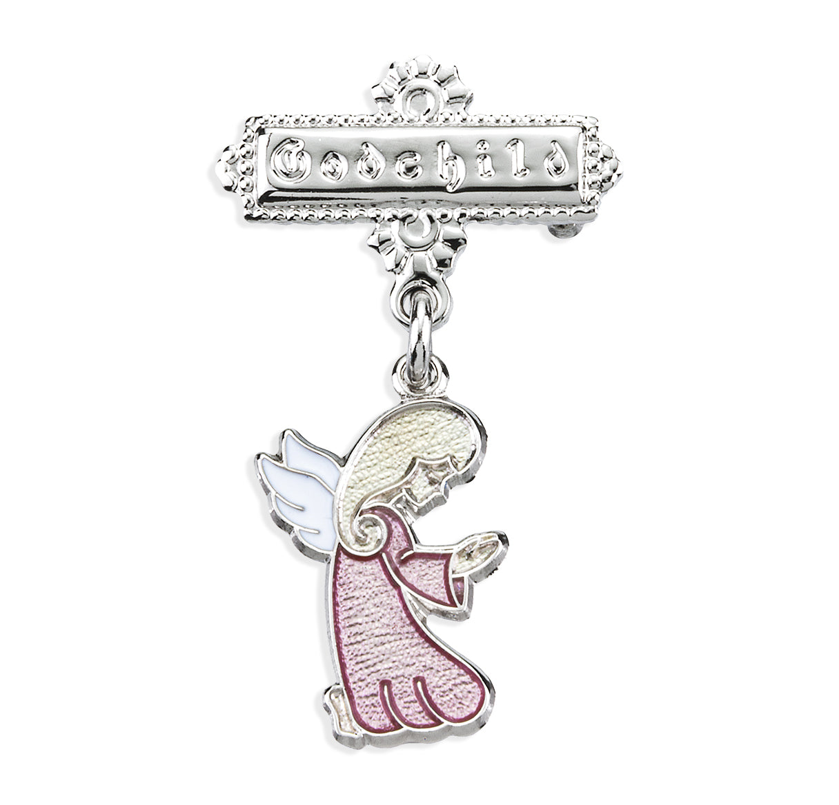 Guardian Angel Pink Enameled Sterling Silver Medal on a Godchild Bar Pin Necklace | .925 Silver