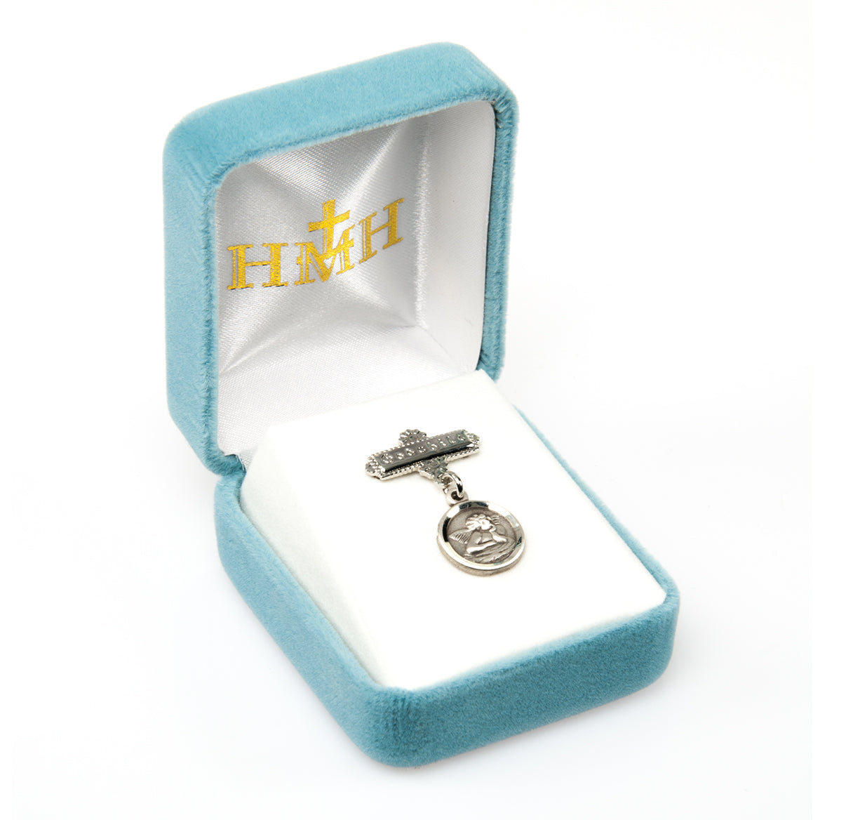 Guardian Angel Round Sterling Silver Medal on a Godchild Bar Pin Necklace | .925 Silver