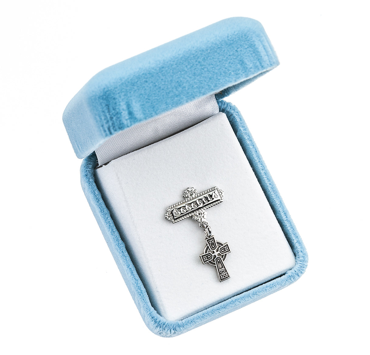 Sterling Silver Baby Irish Celtic cross on a Godchild Bar Pin Necklace | .925 Silver