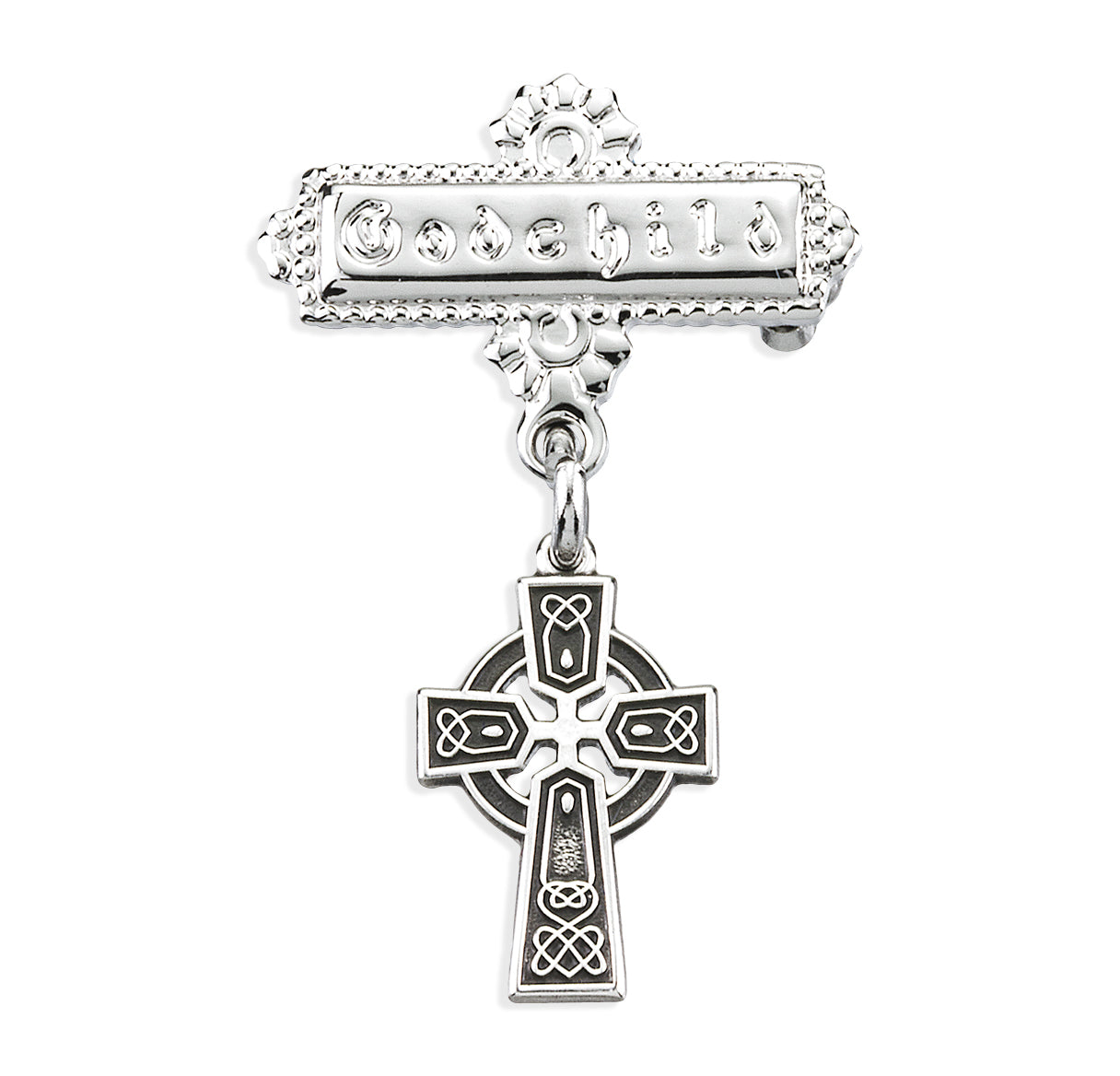 Sterling Silver Baby Irish Celtic cross on a Godchild Bar Pin Necklace | .925 Silver