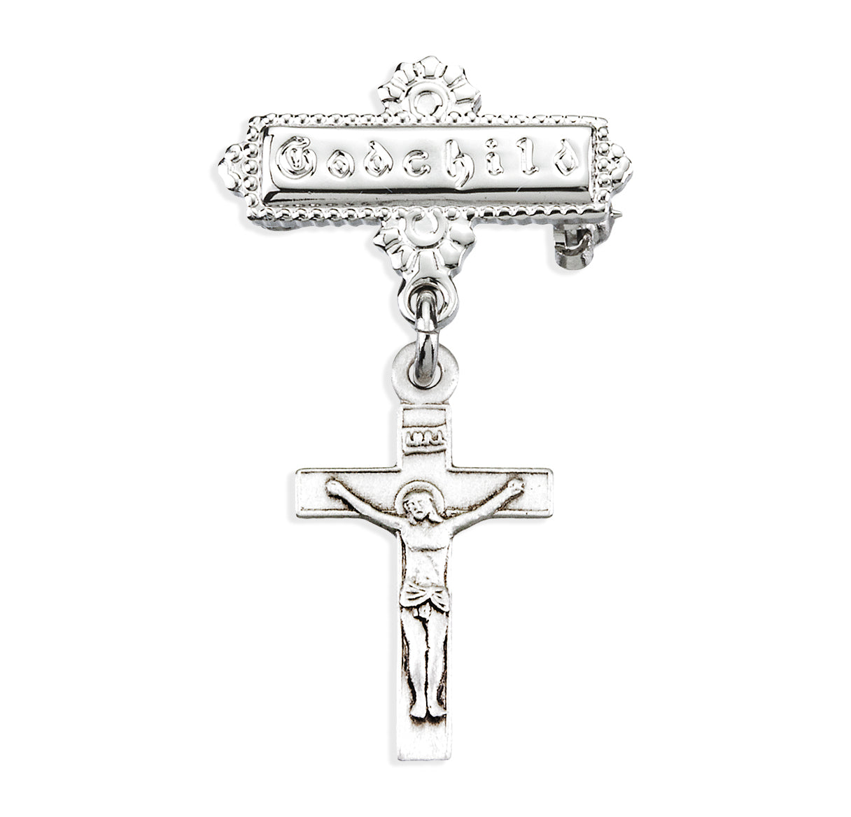 Sterling Silver Baby Crucifix on a Godchild Bar Pin Necklace | .925 Silver