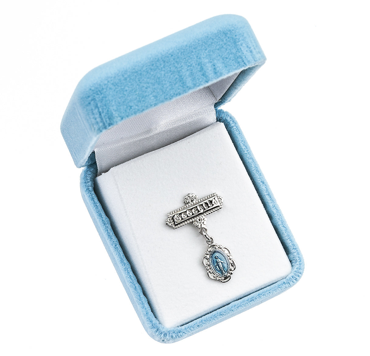 Sterling Silver Fancy Edge Blue Miraculous Medal on a Godchild Bar Pin Necklace | .925 Silver
