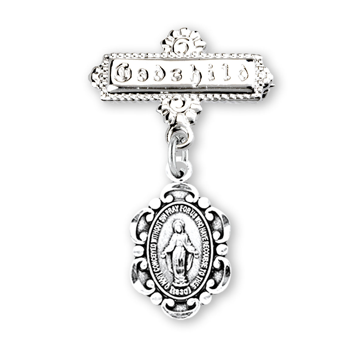 Sterling Silver Fancy Edge Miraculous Medal on a Godchild Bar Pin Necklace | .925 Silver