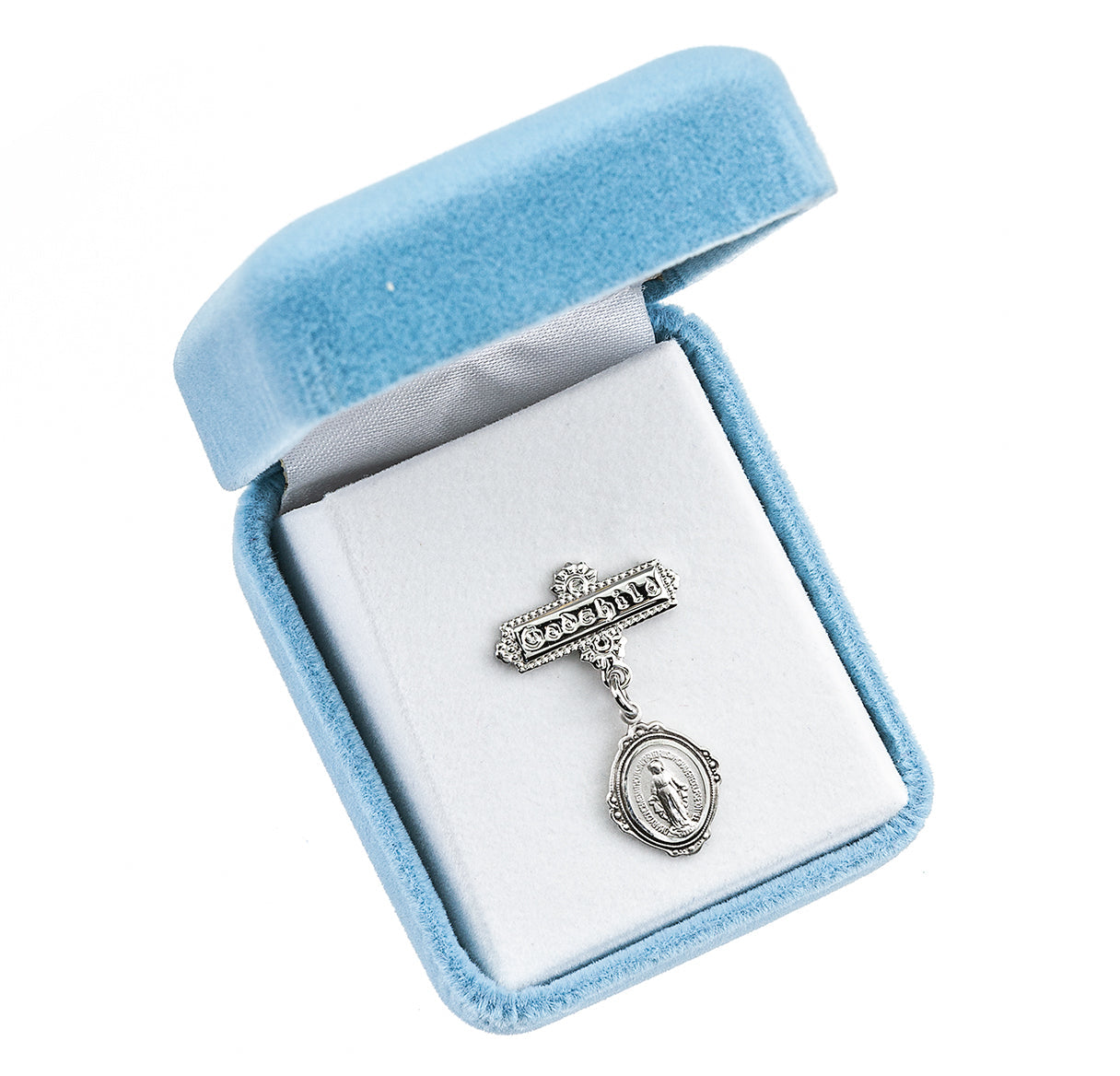 Sterling Silver Small Miraculous Medal on a Godchild Bar Pin Necklace | .925 Silver