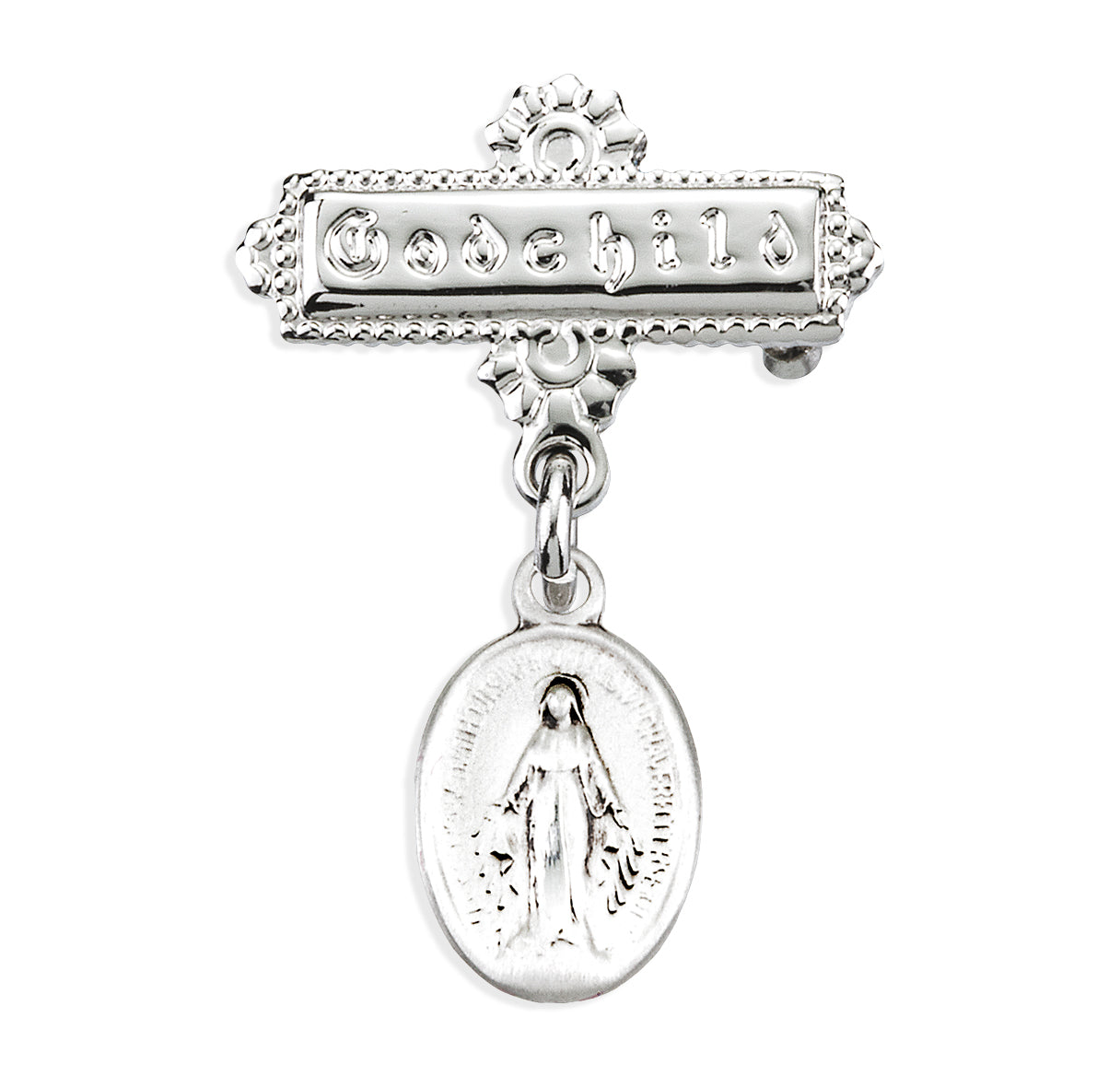 Sterling Silver Oval Baby Miraculous Medal on a Godchild Bar Pin Necklace | .925 Silver