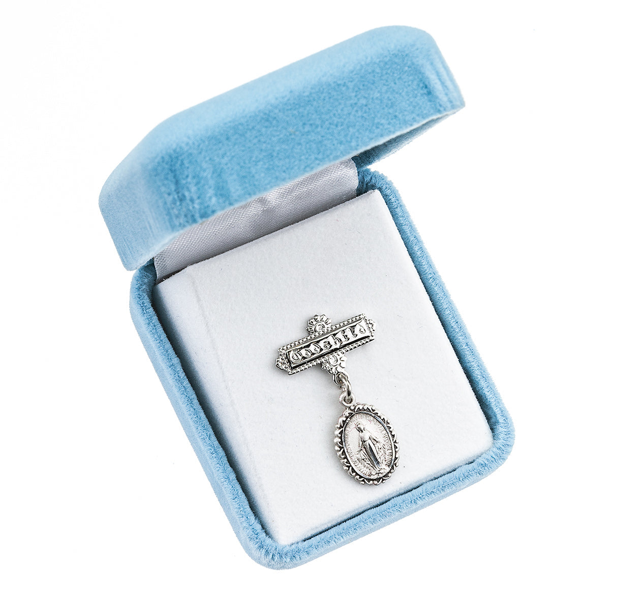 Sterling Silver Oval Fancy Edge Miraculous Baby Medal on a Godchild Bar Pin Necklace | .925 Silver