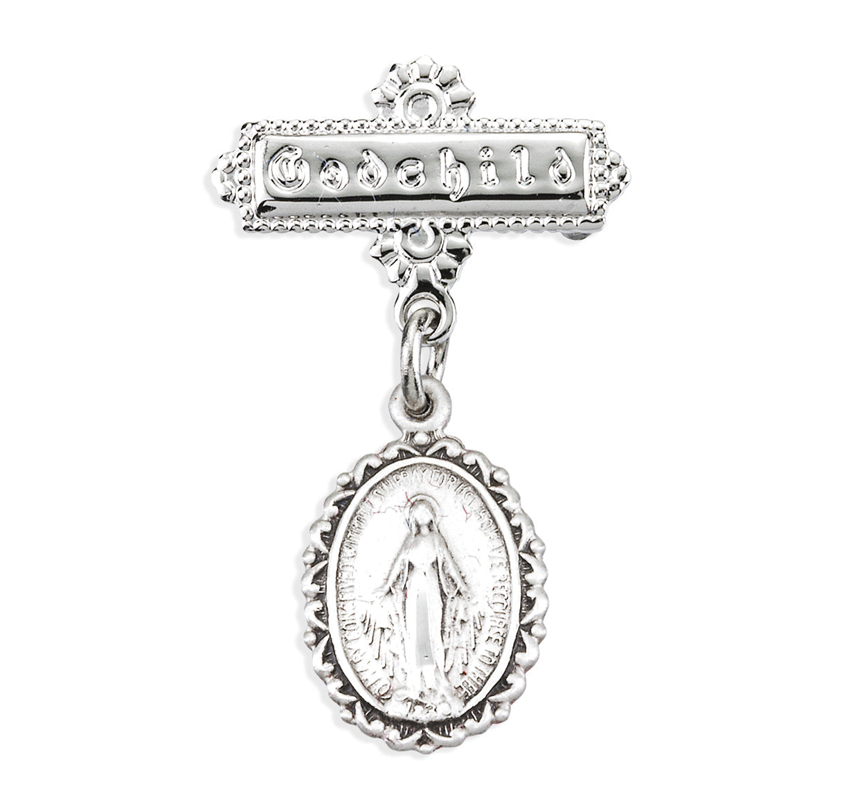 Sterling Silver Oval Fancy Edge Miraculous Baby Medal on a Godchild Bar Pin Necklace | .925 Silver