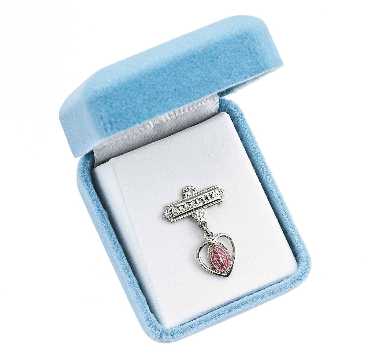 Sterling Silver Pierced Heart Baby Miraculous Medal Pink on a Godchild Pin Necklace | .925 Silver