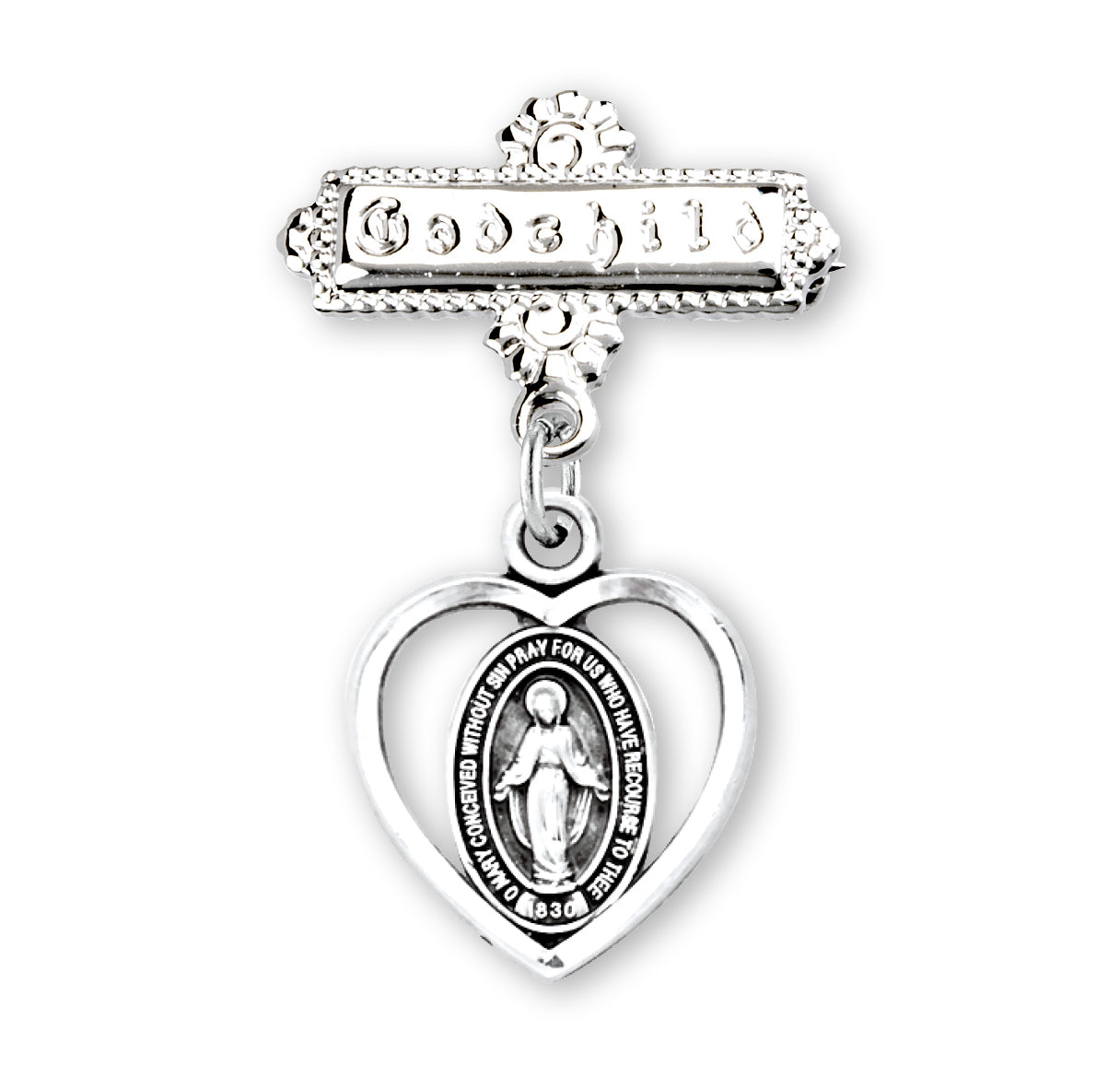 Sterling Silver Pierced Heart Baby Miraculous Medal on a Godchild Pin Necklace | .925 Silver