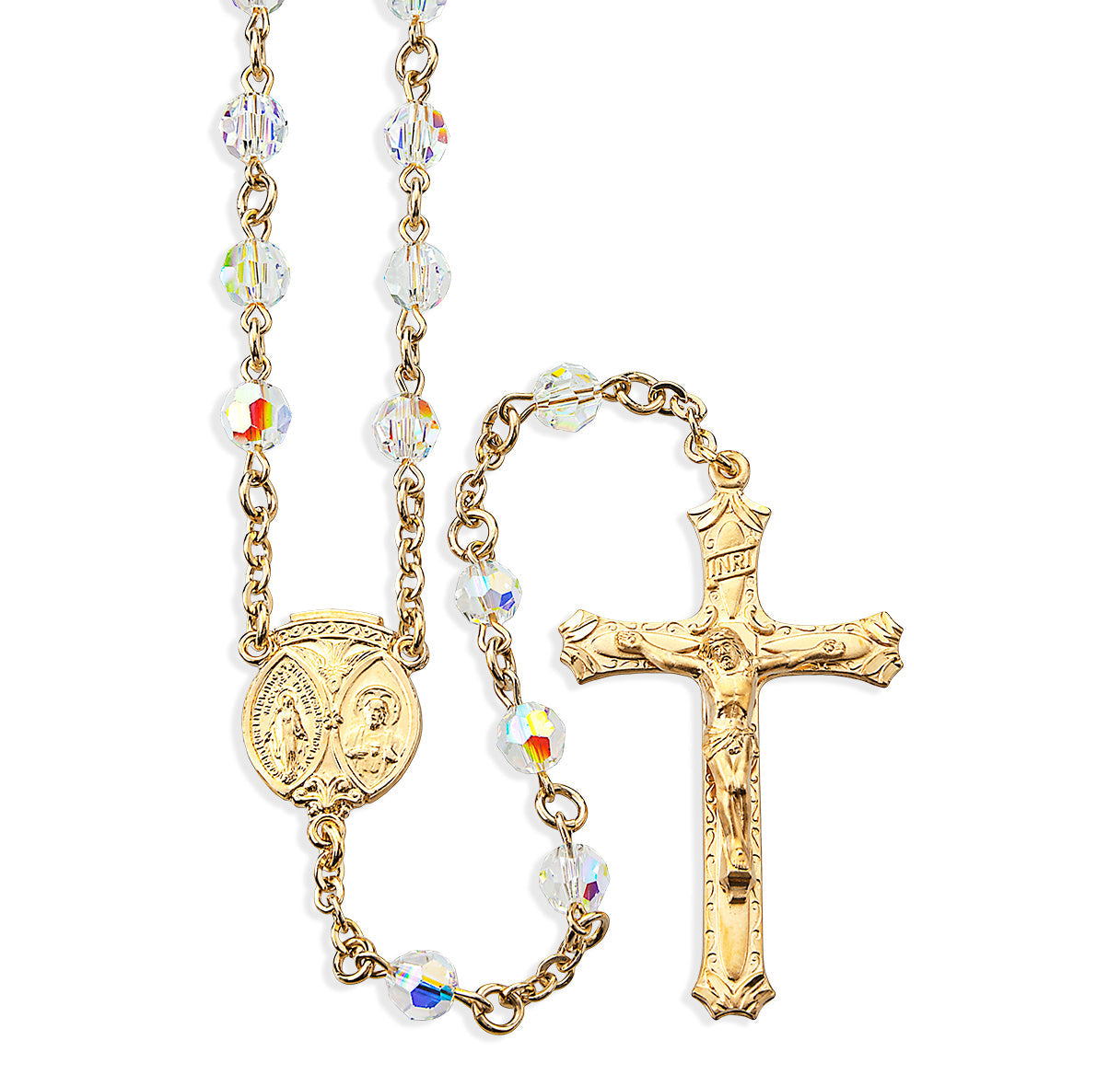 6mm Finest Aurora Crystal Gold Plated Round Beads with Gold Over Sterling Crucifix and Center Necklace | 16kt Gold Plated .925 Silver