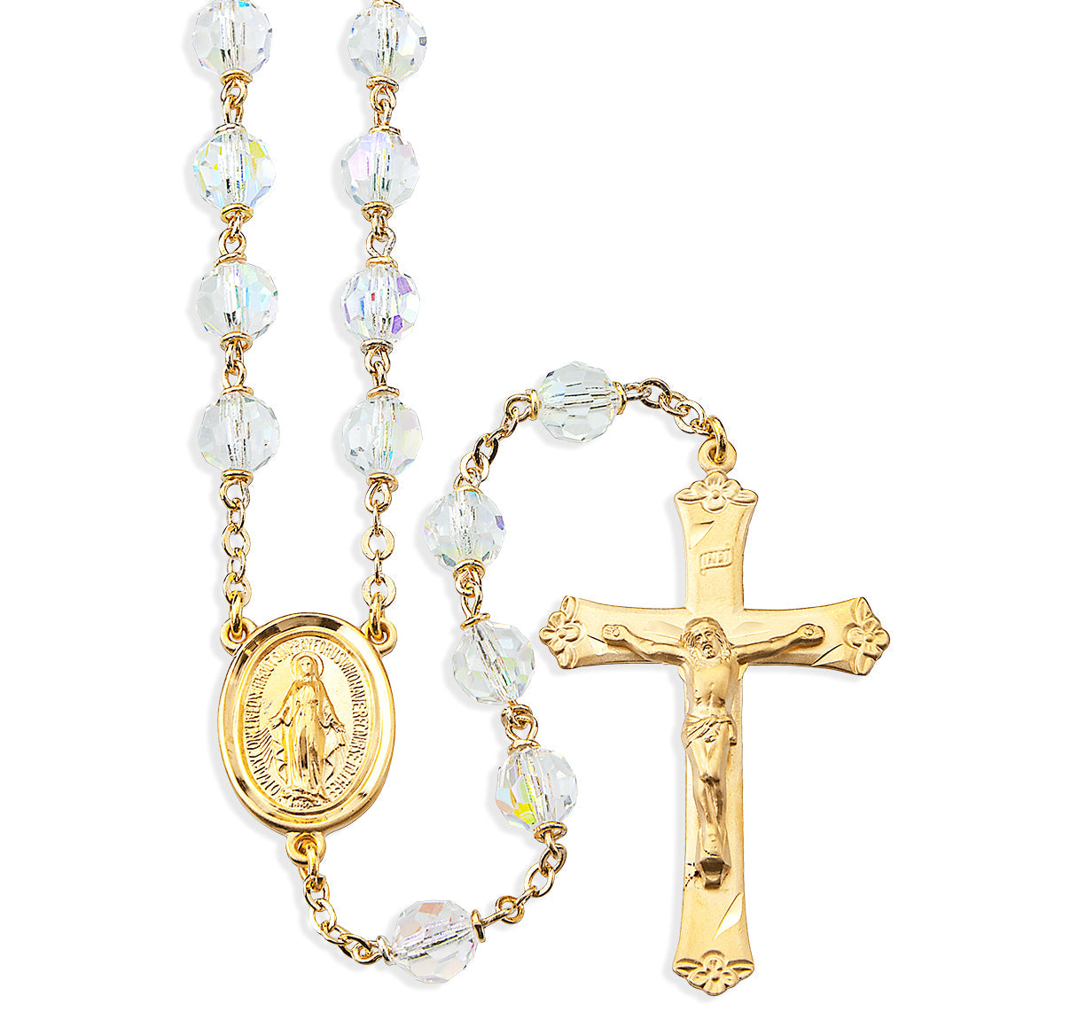 7mm Finest Aurora Crystal Gold Plated Round Beads with Gold Over Sterling Crucifix and Center Necklace | 16kt Gold Plated .925 Silver