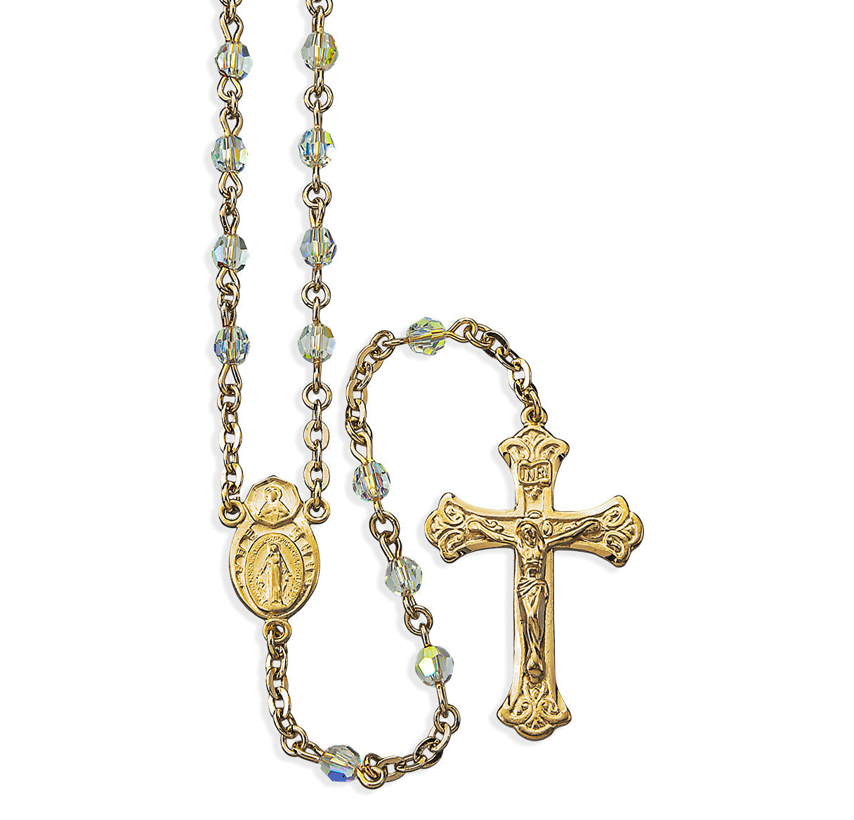 6mm Finest Aurora Crystal Gold Plated Butterfly Beads with Gold Over Sterling Crucifix and Center Necklace | 16kt Gold Plated .925 Silver
