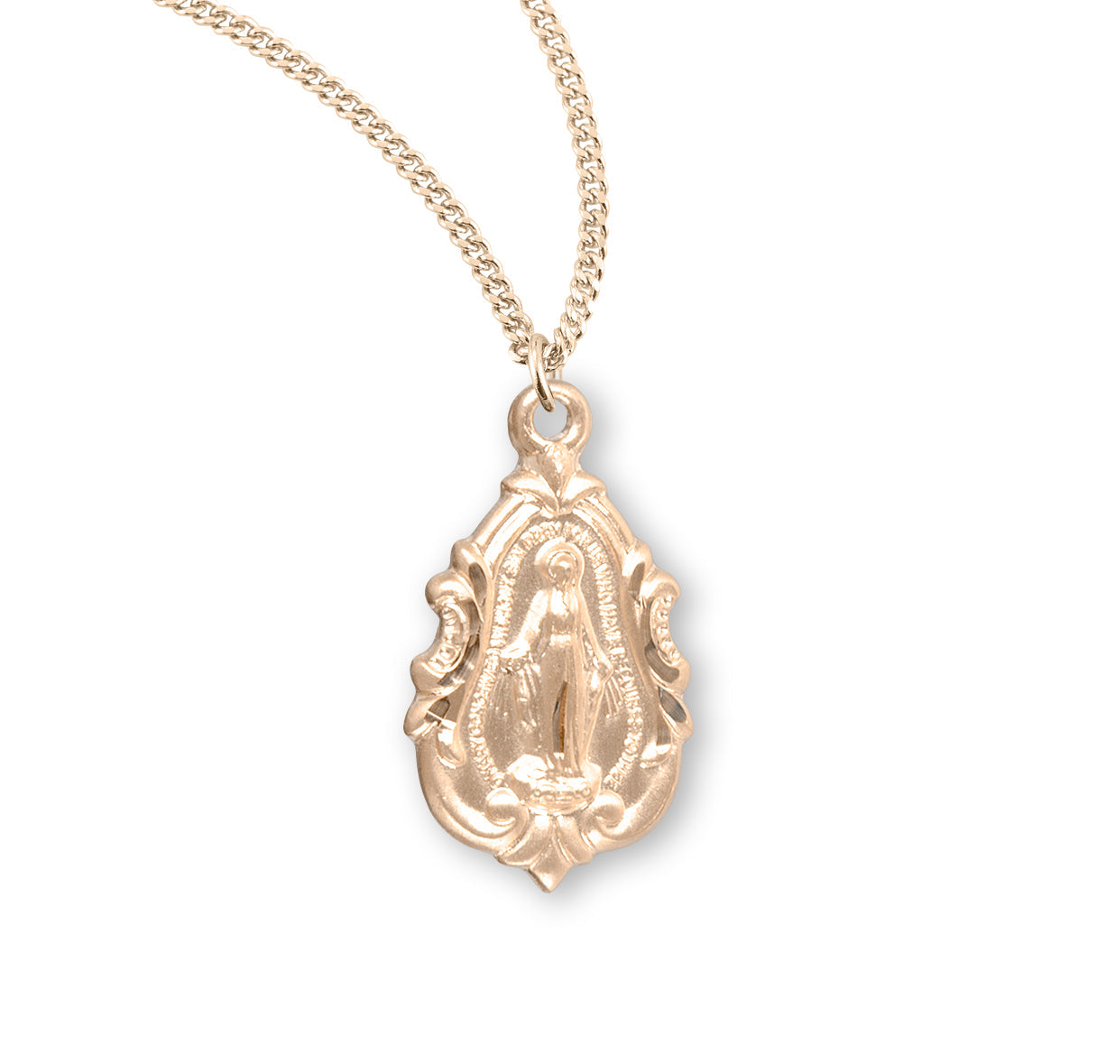 Gold Over Sterling Silver Fancy Baroque Miraculous Medal Necklace | 16kt Gold Plated .925 Silver